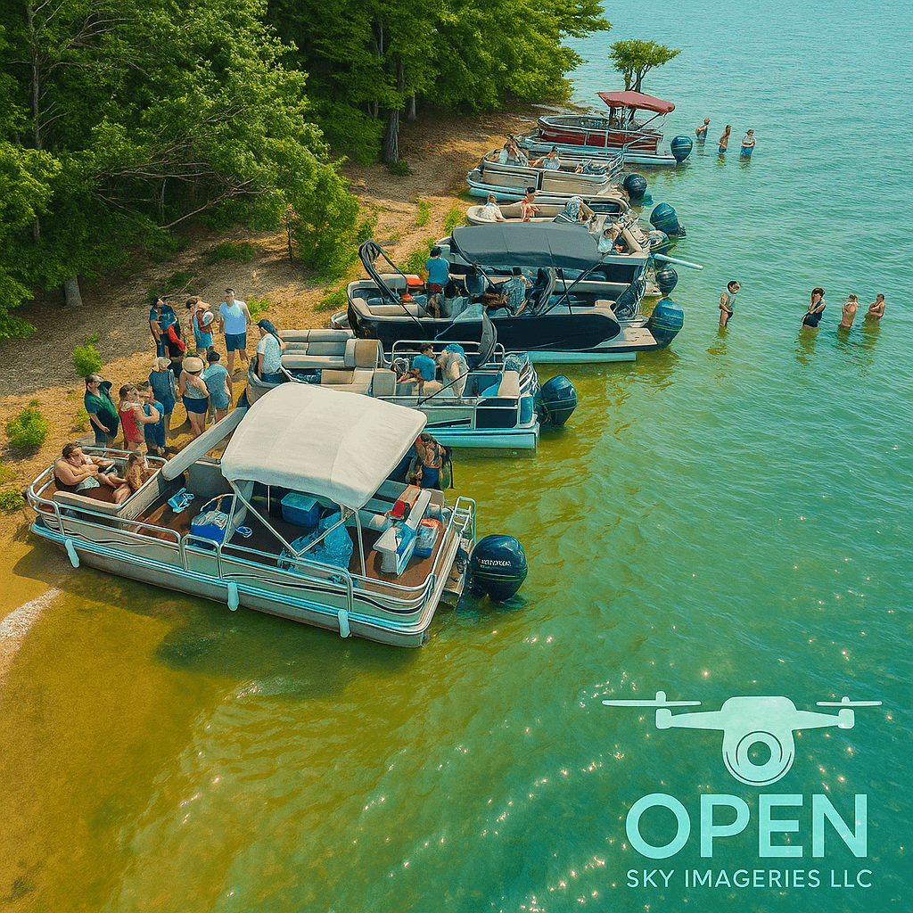 Aerial photograph of several pontoon boats gathered along a wooded lakeshore, with people socializing on boats and along the shoreline while others swim in the lake.