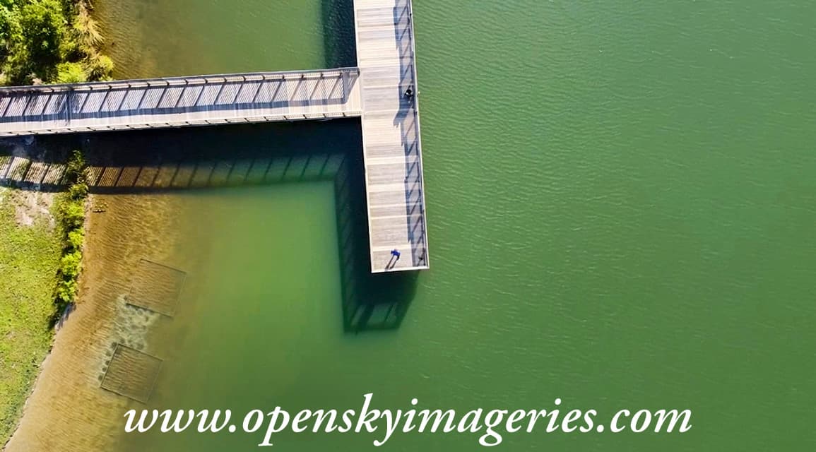Top-down aerial drone photograph of a wooden boardwalk extending from a tree-lined shoreline to a rectangular observation platform over green water, with railings casting long shadows onto the water.